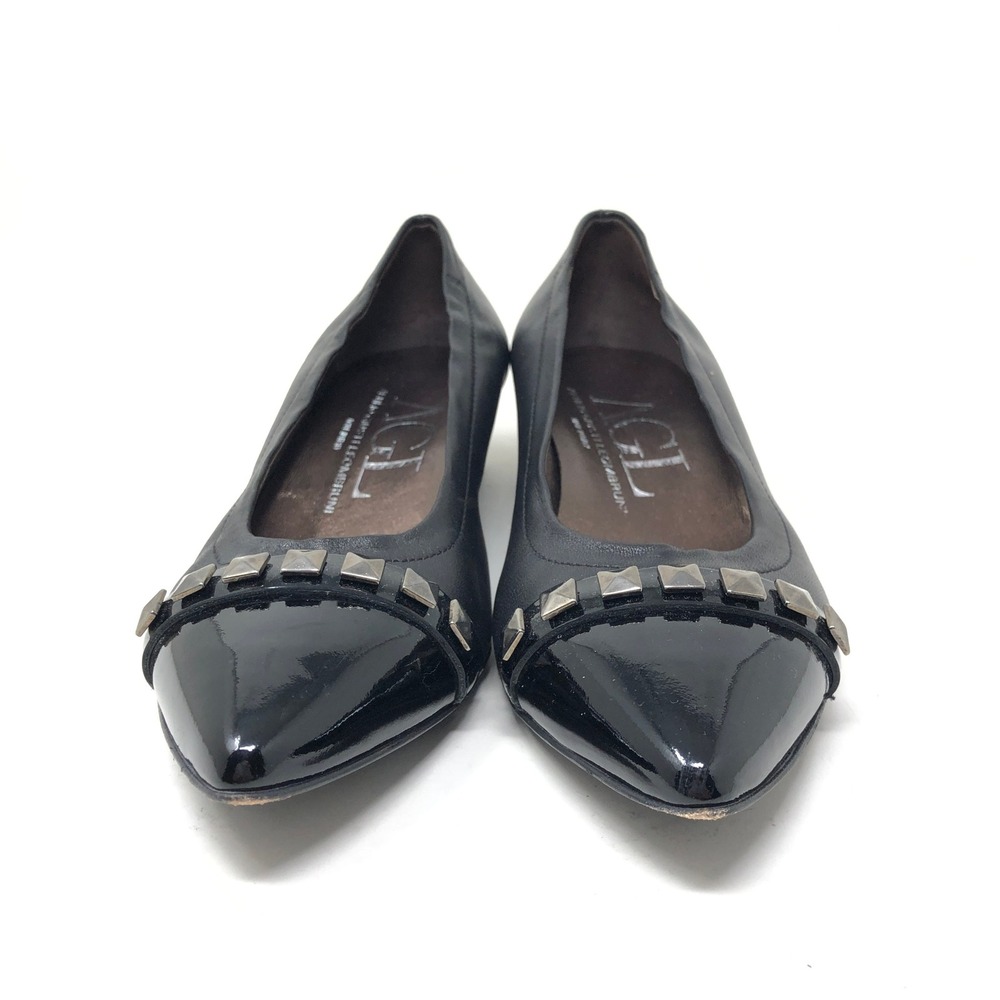 AGL Womens 38 Pumps Black Leather Patent Cap Toe Studded Point Toe Heel - Picture 2 of 9